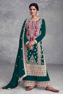 Teal green embroidery sequins work chinon straight palazzo- free size stitched(size upto 42") 1