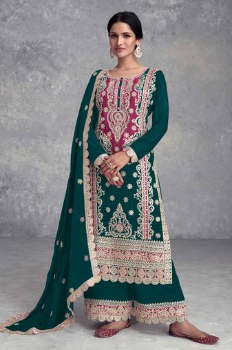 Teal green embroidery sequins work chinon straight palazzo- free size stitched(size upto 42")