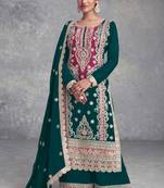 Teal green embroidery sequins work chinon straight palazzo- free size stitched(size upto 42")