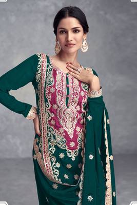 Teal green embroidery sequins work chinon straight palazzo- free size stitched(size upto 42") 2