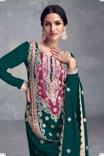 Teal green embroidery sequins work chinon straight palazzo- free size stitched(size upto 42")
