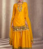 Mustard embroidery sequins work silk straight palazzo- free size stitched(size upto 42")