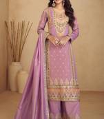 Lilac embroidery sequins work shimar silk straight palazzo- free size stitched(size upto 42")