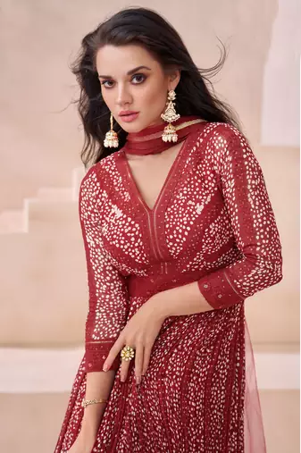Red embroidery sequins work georgette gown- free size stitched(size upto 42")