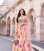 Multicolor Handwork Embroidery Sequins and Bead Work Chinon Silk Lehenga, Blouse- Full Stitched