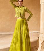 Olive Green Art Silk Lehenga Choli with Gold Thread Embroidered Jacket