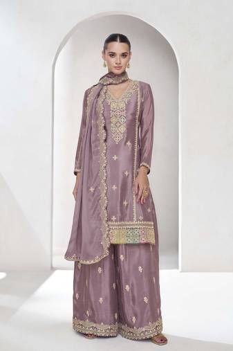 Onionpink chinon with embroidered work kurta with palazzo set