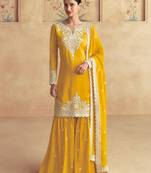 Yellow chinon with embroidered work kurta with sharara set