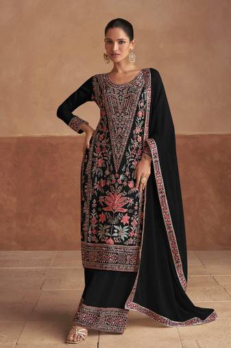 Black chinon with embroidered work kurta with palazzo set