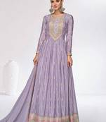 Lavender chinon with embroidered work gown pant set