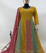 Yellow faux georgette with embroidered work gown with pant set