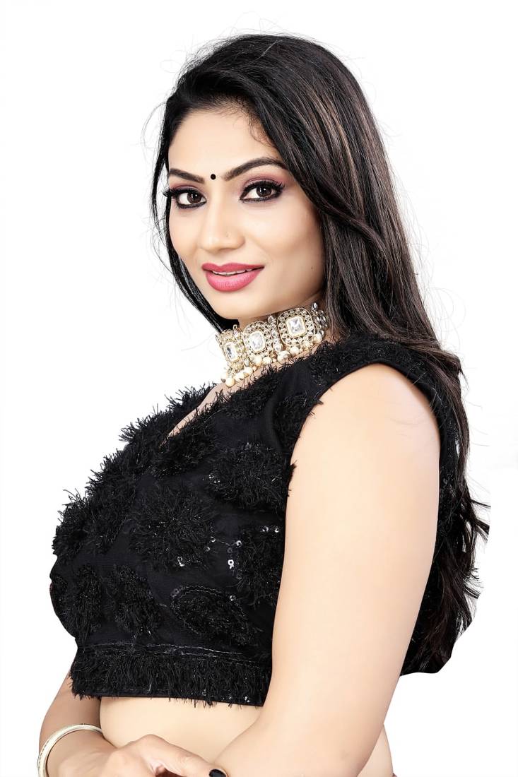 Black Nylon Net Embroidery Work Readymade Blouse