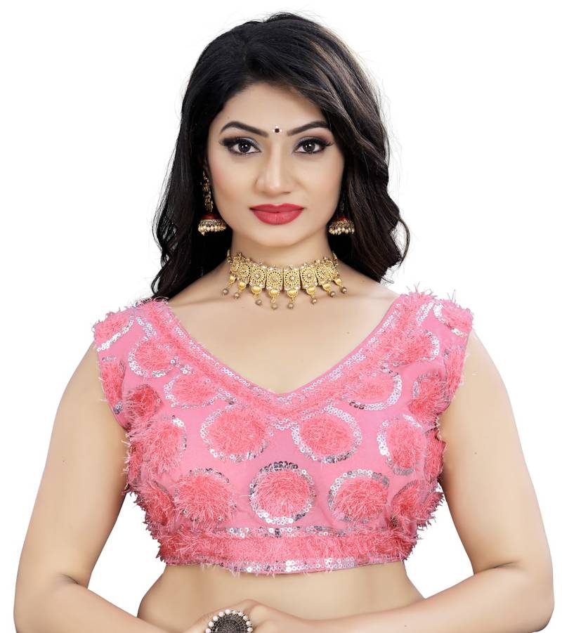 Pink Nylon Net Embroidery Work Readymade Blouse