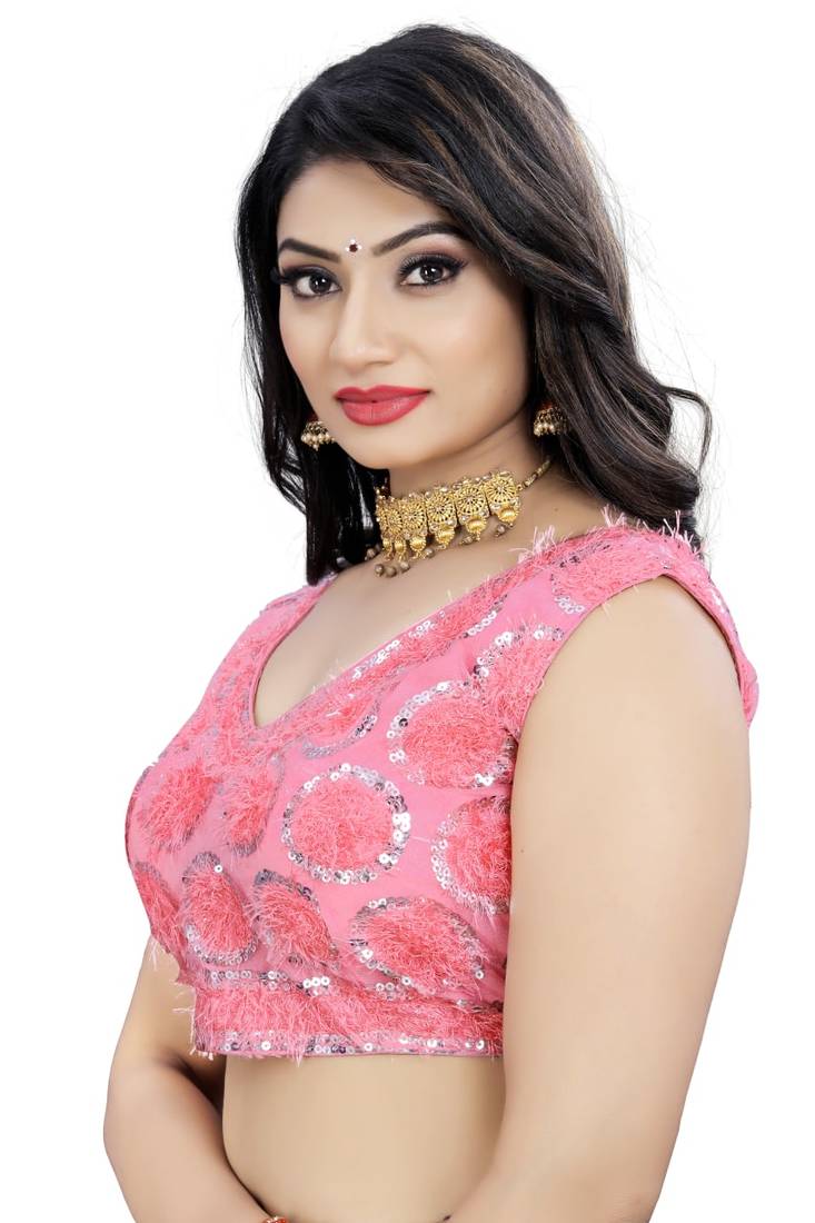 Pink Nylon Net Embroidery Work Readymade Blouse