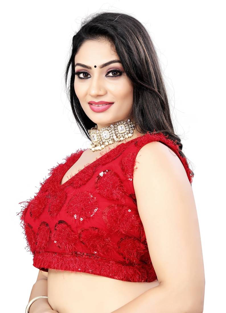 Red Nylon Net Embroidery Work Readymade Blouse