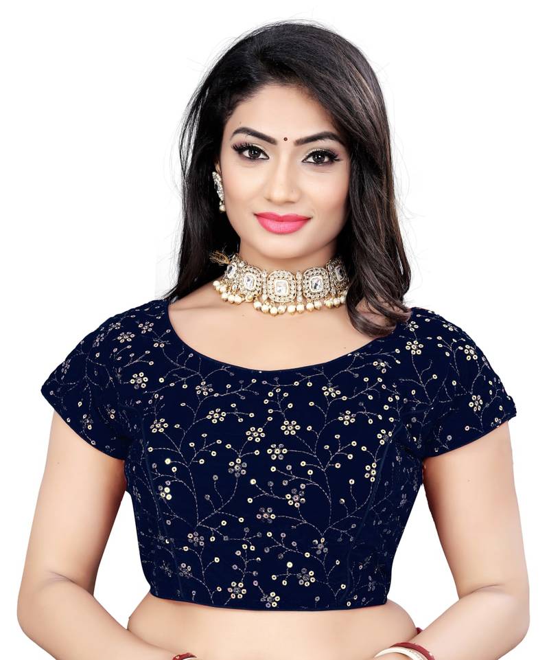 Navy Glamorous Sequin Embroidered Velvet Blouse