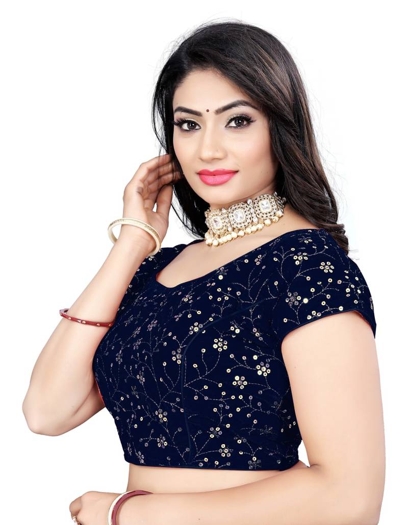 Navy Glamorous Sequin Embroidered Velvet Blouse