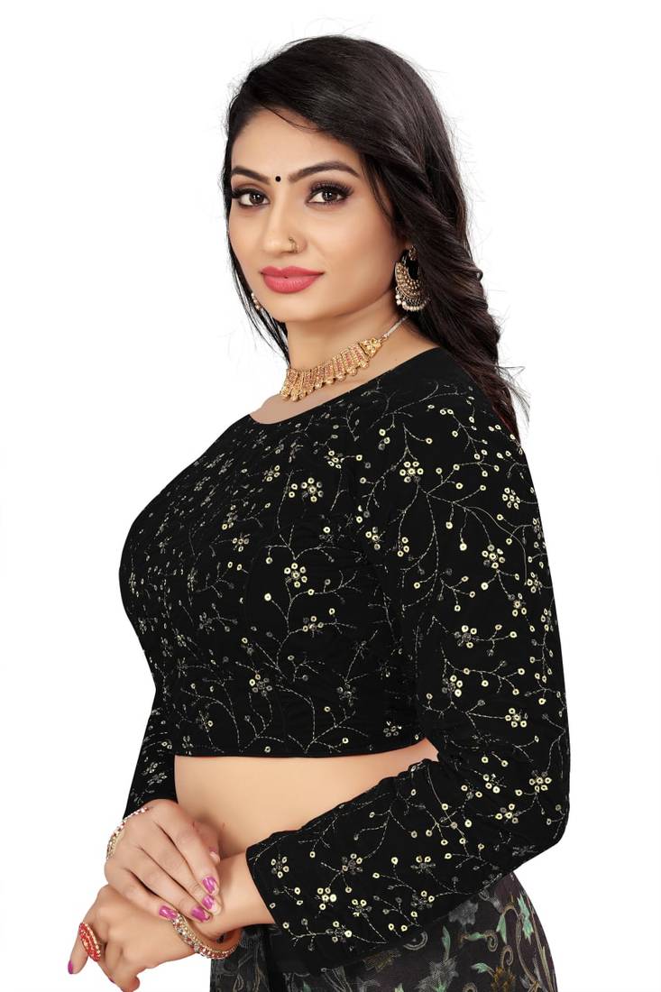 Black Velvet Embroidered Blouse with Full Sleeves
