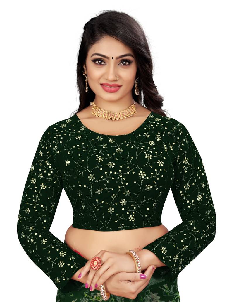 Green Velvet Embroidered Blouse with Full Sleeves