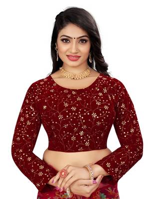 Maroon Velvet Floral Embroidered Readymade Blouse 2