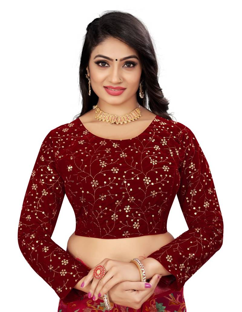 Maroon Velvet Floral Embroidered Readymade Blouse