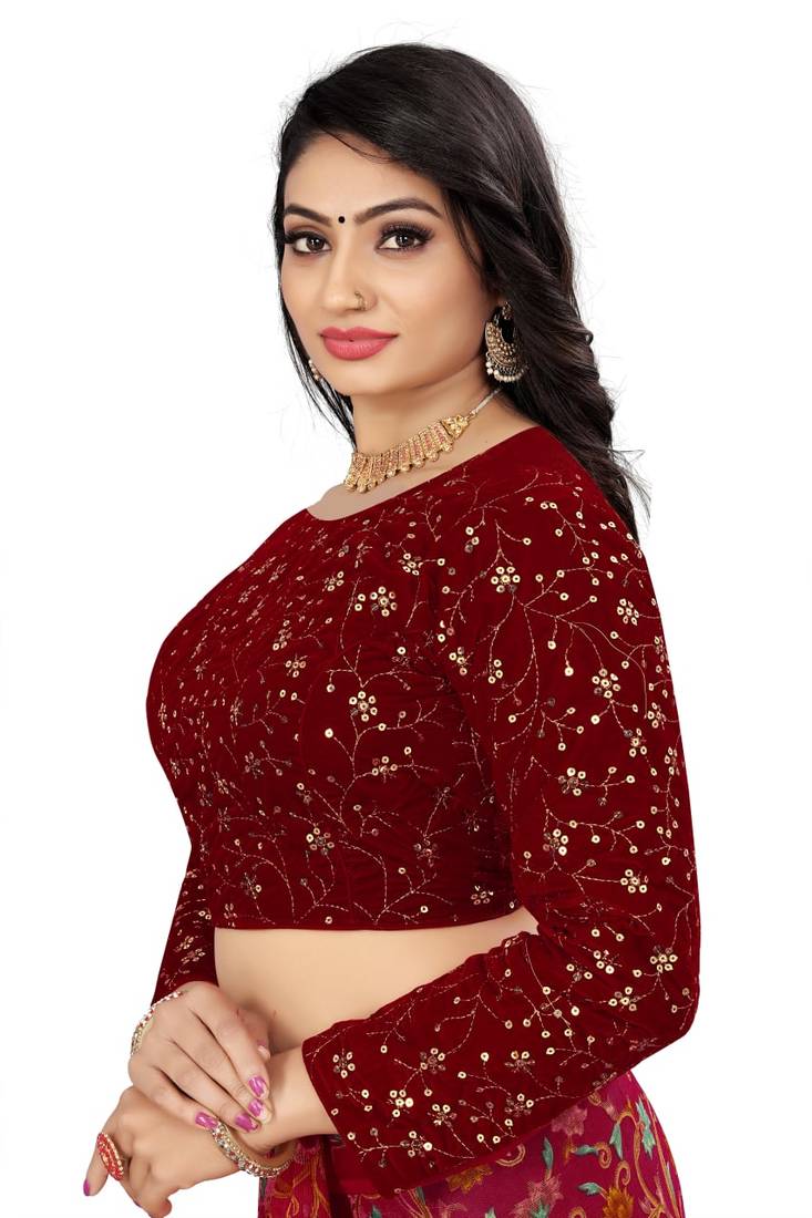 Maroon Velvet Floral Embroidered Readymade Blouse