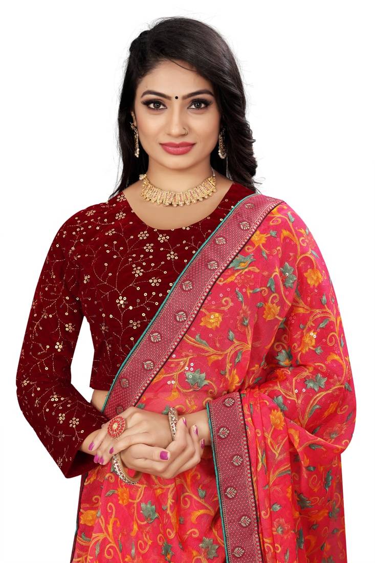 Maroon Velvet Floral Embroidered Readymade Blouse