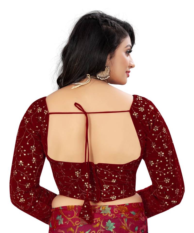 Maroon Velvet Floral Embroidered Readymade Blouse