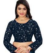Navy Velvet Embroidered Blouse with Full Sleeves