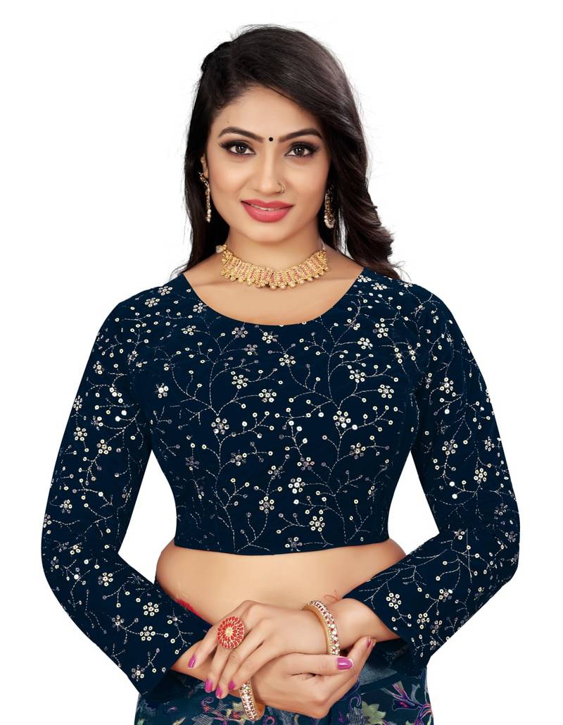 Navy Velvet Embroidered Blouse with Full Sleeves