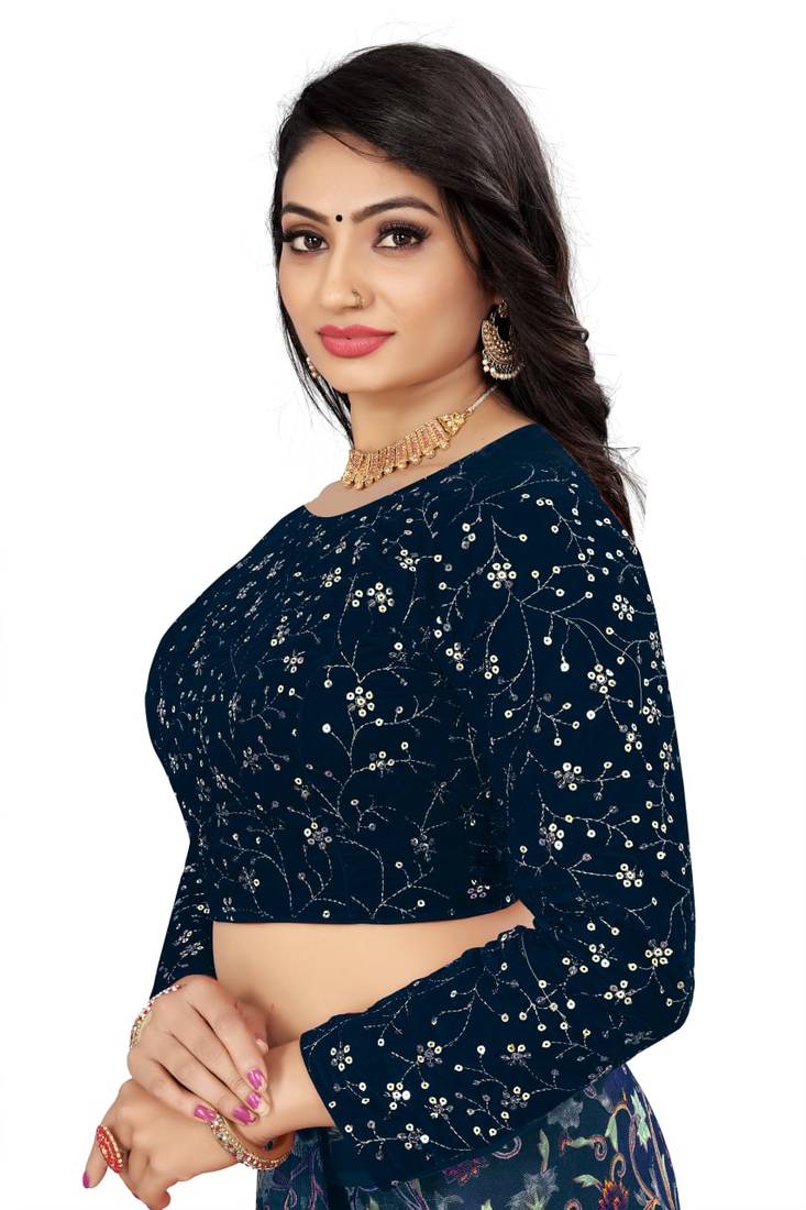 Navy Velvet Embroidered Blouse with Full Sleeves