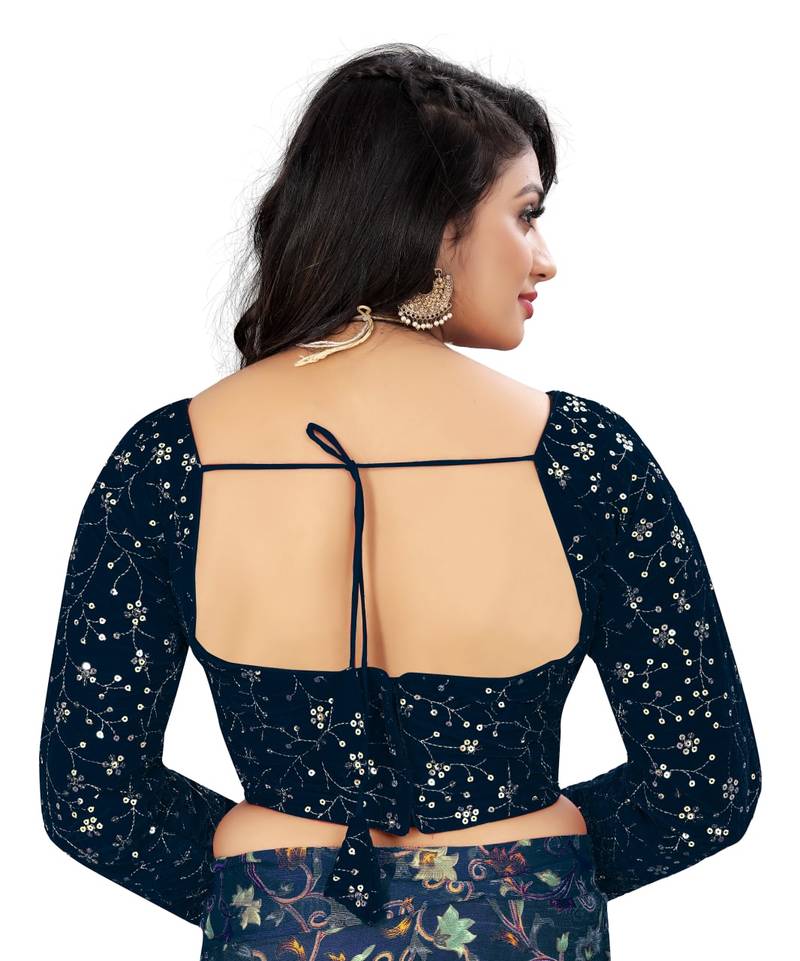 Navy Velvet Embroidered Blouse with Full Sleeves