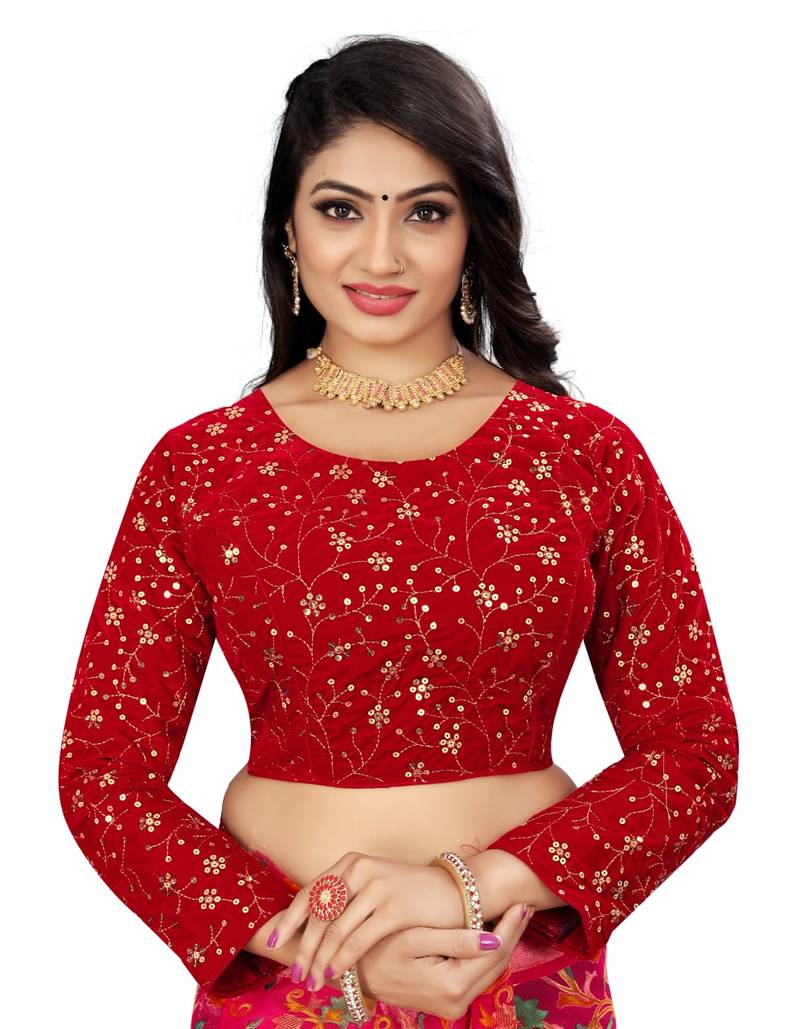 Red Velvet Embroidered Blouse with Full Sleeves