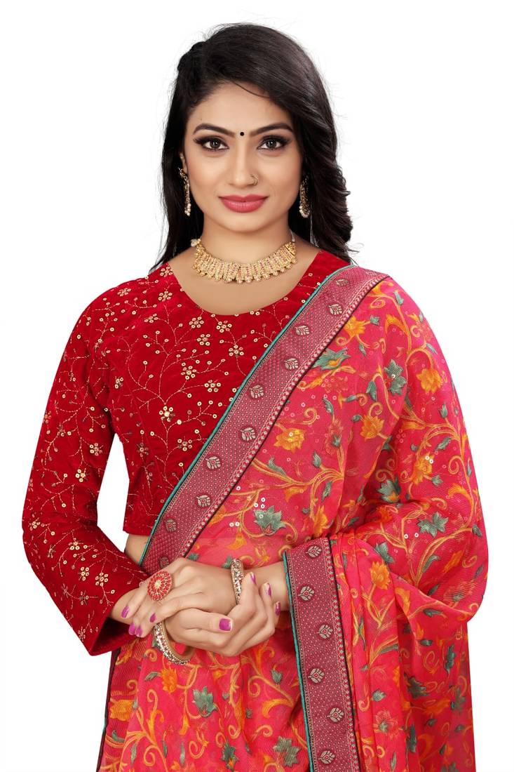 Red Velvet Embroidered Blouse with Full Sleeves