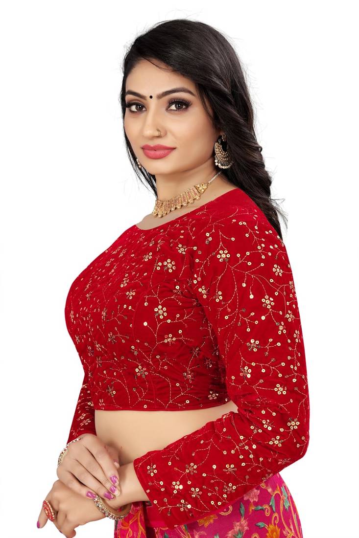 Red Velvet Embroidered Blouse with Full Sleeves