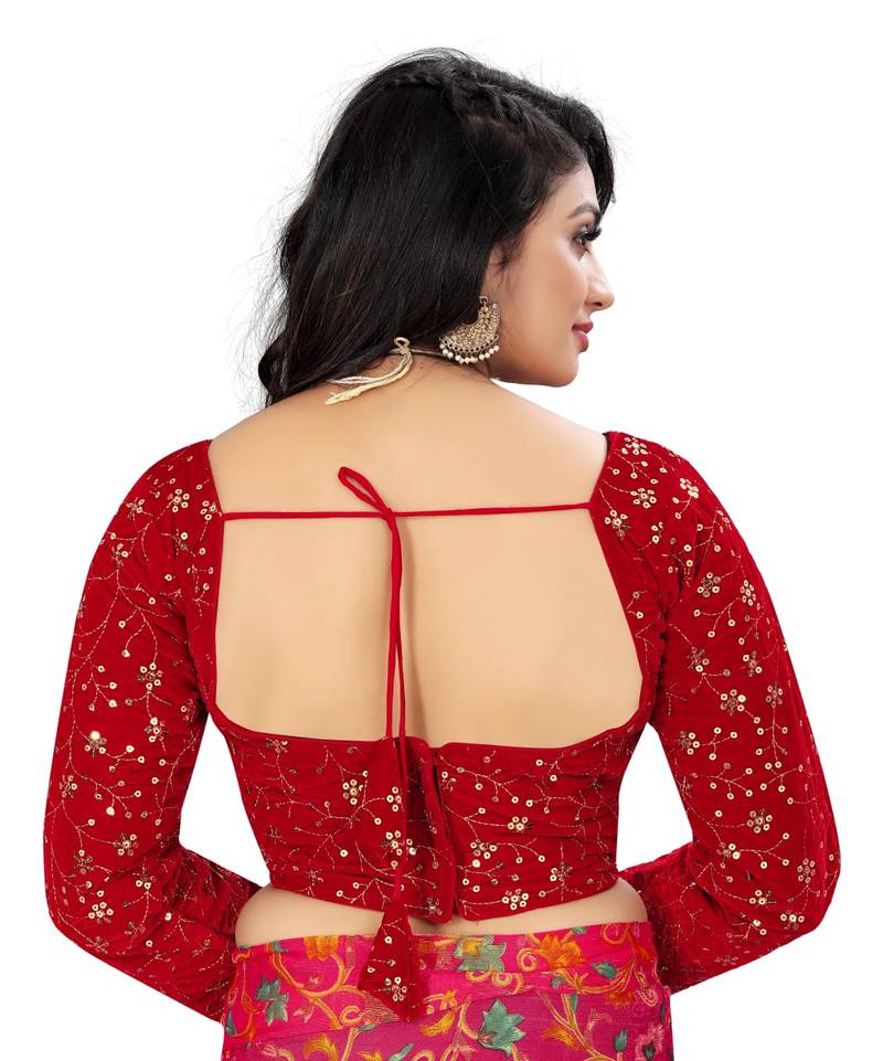 Red Velvet Embroidered Blouse with Full Sleeves
