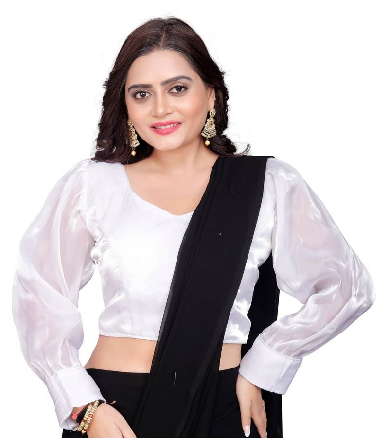 White Soft Organza Zimichoo Blouse with Back Hook Closure