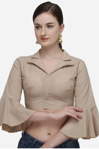 Beige Heavy Cotton Blouse with Long Sleeves & Front Hook