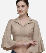 Beige Cotton Blouse with Long Sleeves & Front Hook