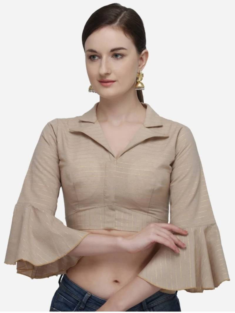 Beige Cotton Blouse with Long Sleeves & Front Hook