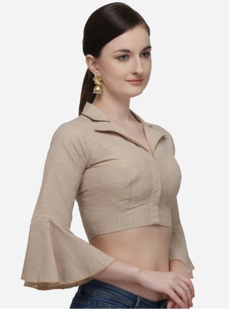 Beige Cotton Blouse with Long Sleeves & Front Hook