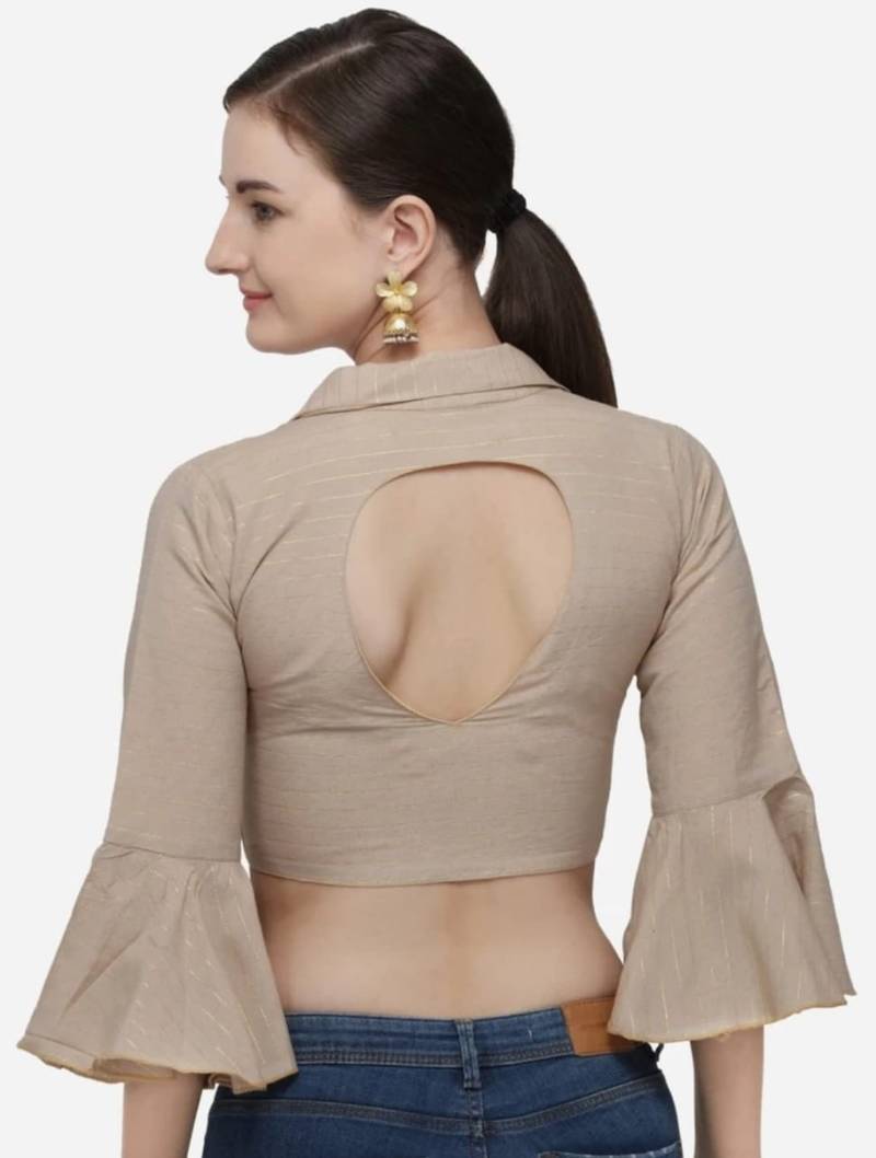 Beige Cotton Blouse with Long Sleeves & Front Hook