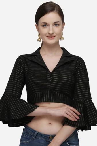 Black Heavy Cotton Blouse with Long Sleeves & Front Hook