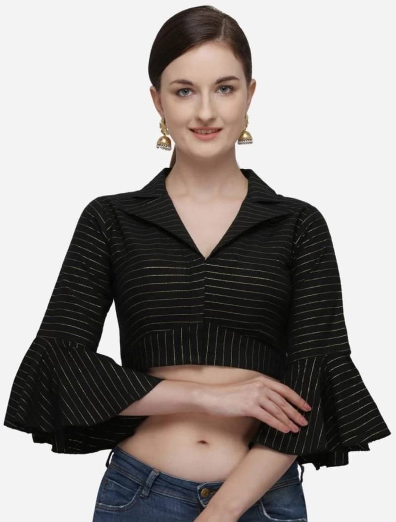 Black Cotton Blouse with Long Sleeves & Front Hook