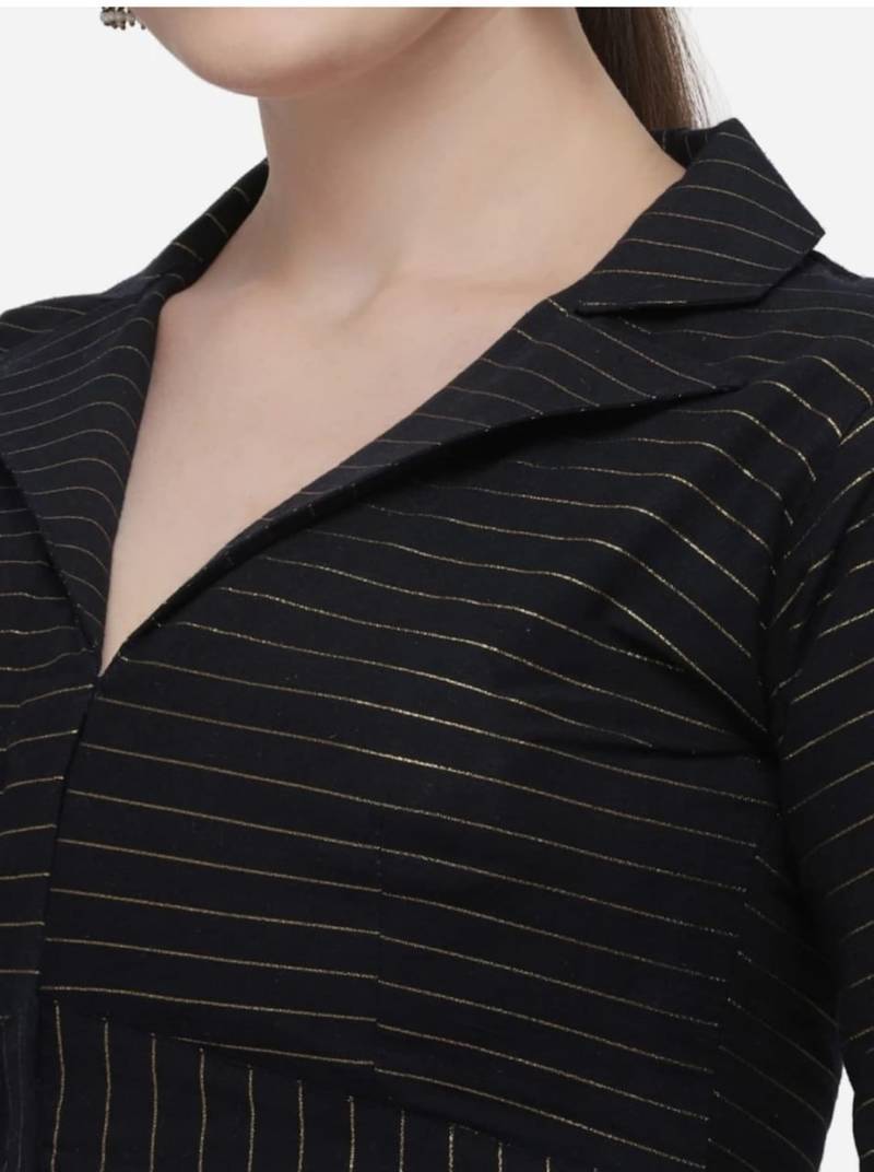 Black Cotton Blouse with Long Sleeves & Front Hook