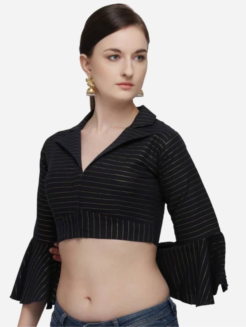 Black Cotton Blouse with Long Sleeves & Front Hook