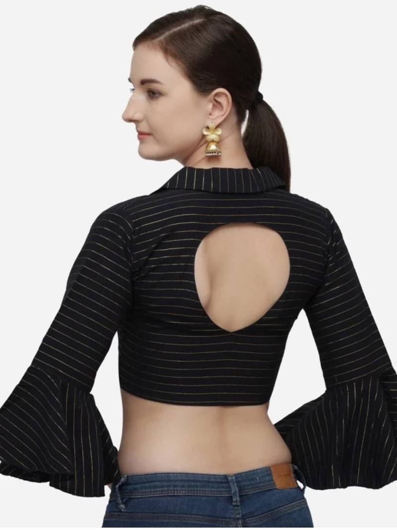 Black Cotton Blouse with Long Sleeves & Front Hook