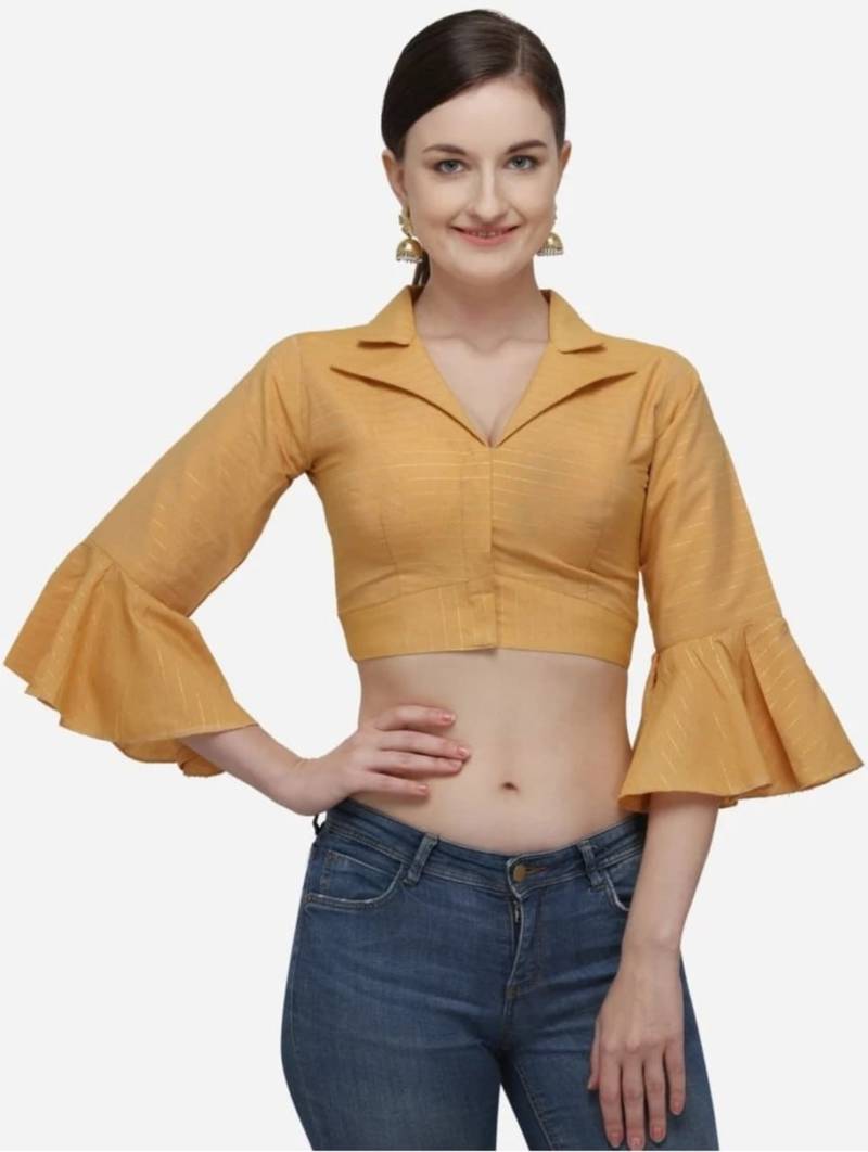 Mustard Cotton Blouse with Long Sleeves & Front Hook