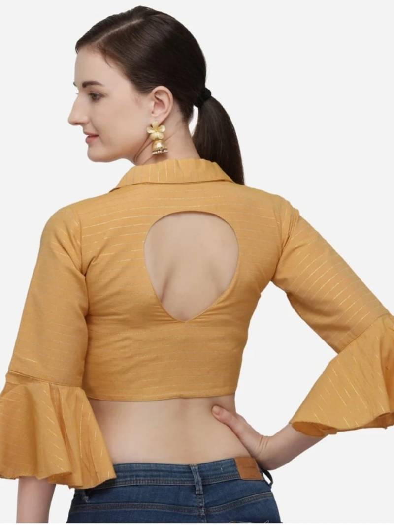 Mustard Cotton Blouse with Long Sleeves & Front Hook