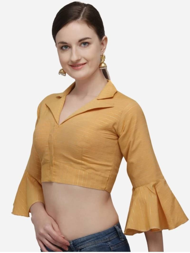 Mustard Cotton Blouse with Long Sleeves & Front Hook